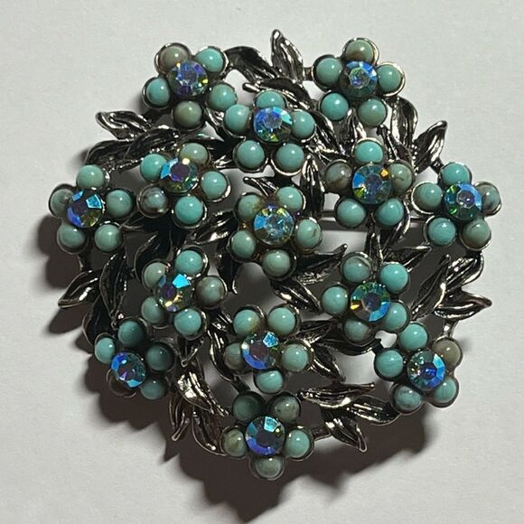 Turquoise seed beads aurora AB rhinestones 2" floral Brooch Silvertone vintage - Picture 2 of 5